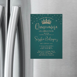 Elegant Sparkles Rose Gold Quinceañera Crown Green Magnetisk Inbjudningskort