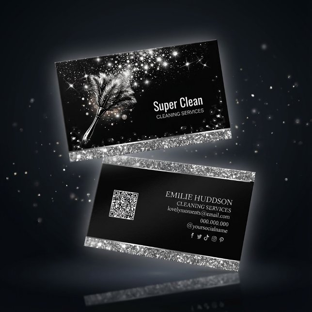 Elegant Sparkling Cleaning Service Business Card  Visitkort (#cleaningservice #businesscarddesign #sparklecard #glitterdesign #blackandsilver #brandingdesign )