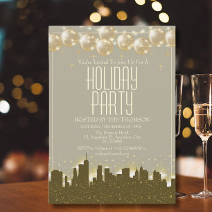 Elegant Sparkling Golden Skyline Julfest Inbjudningar