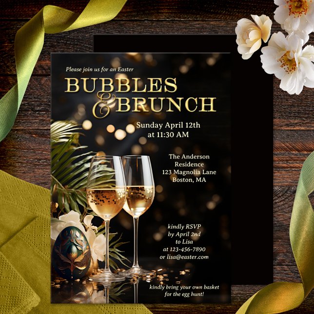 Elegant Sparkling Påsk Bubbles and Brunch Inbjudningar (Stylish and festive Easter Bubbles & Brunch invitation showing two glasses of sparkling wine and egg)