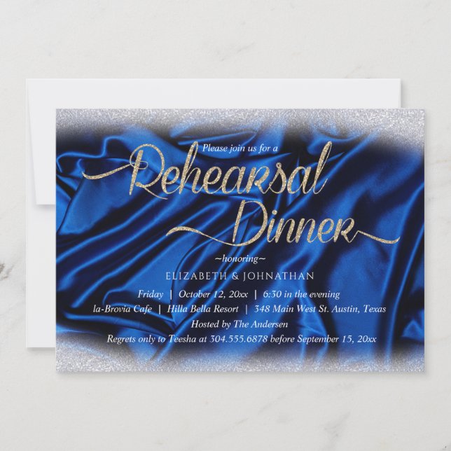 Elegant Sparkly Blue Calligraphy Rehearsal Dinner Inbjudningar (Framsida)