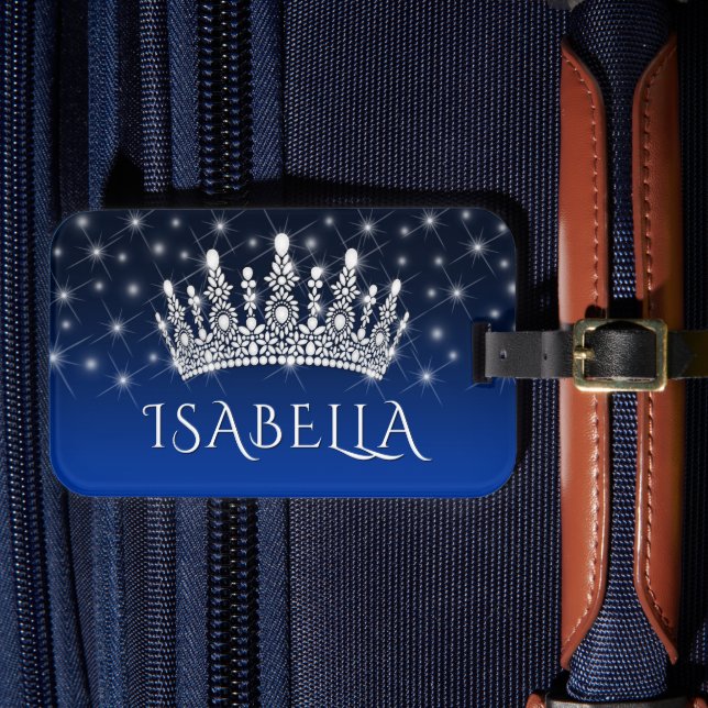 Elegant Sparkly Crown & Stars Royal Blue Monogram Bagagebricka (Framsida Insitu 4)