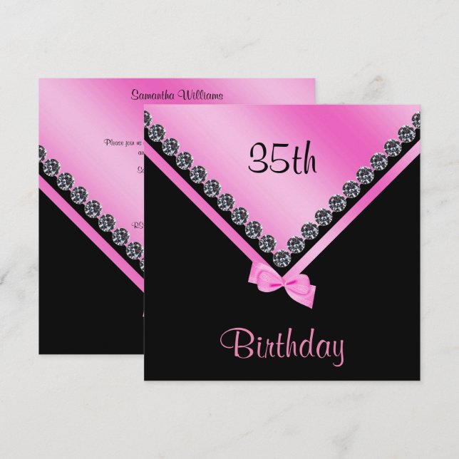Elegant Sparkly Diamonds & Rosa Bow 35e Birthday Inbjudningar (Fram/baksida)