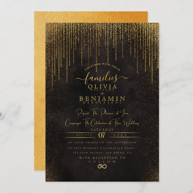 Elegant Sparkly Guld Glitter Foil Chic Bröllop Inv Inbjudningar (Fram/baksida)