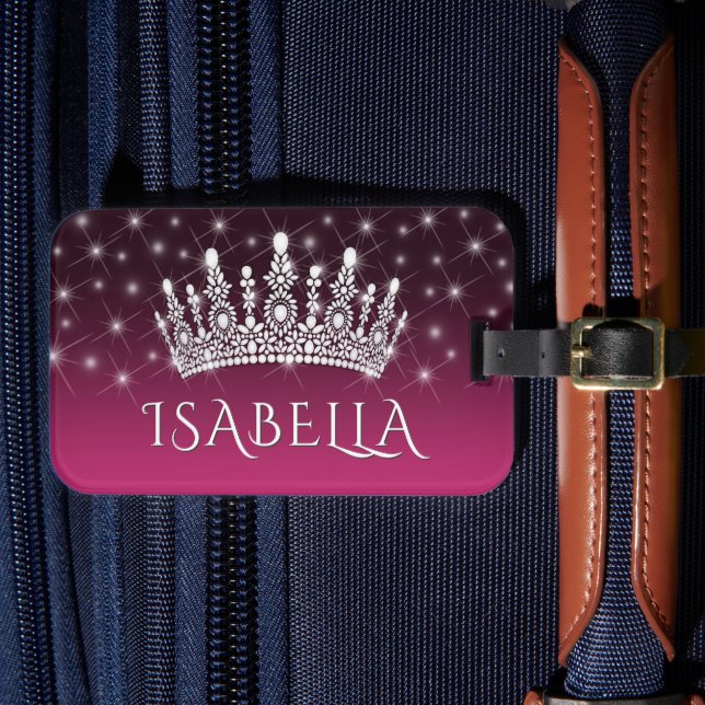Elegant Sparkly Krona & Stars Shock rosa & Black Bagagebricka (Framsida Insitu 4)