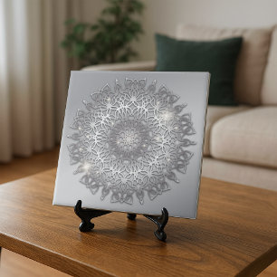 Elegant Sparky Glowing Silver Metallic Mandala Art Kakelplatta