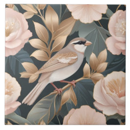 Elegant Sparrow Dusty Rosa och Guld Blommigt Kakelplatta