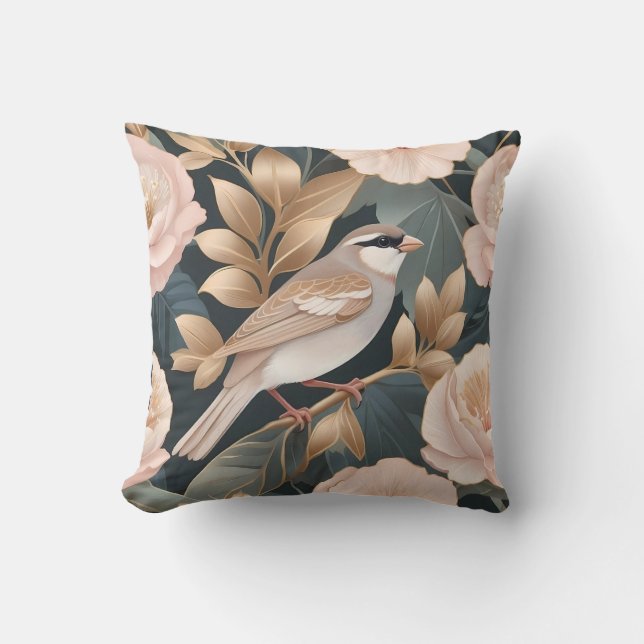 Elegant Sparrow Dusty Rosa och Guld Blommigt Kudde (Framsida)