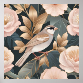 Elegant Sparrow Dusty Rosa och Guld Blommigt Poster