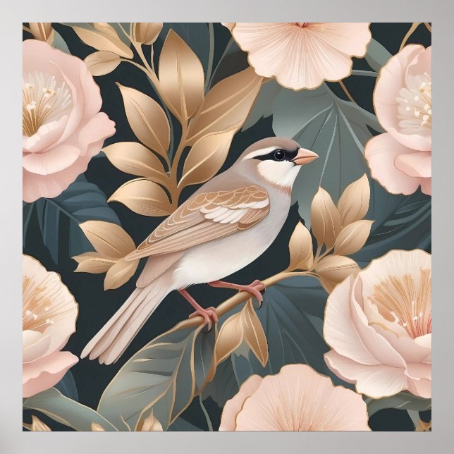 Elegant Sparrow Dusty Rosa och Guld Blommigt Poster (Framsidan)