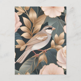 Elegant Sparrow Dusty Rosa och Guld Blommigt Vykort