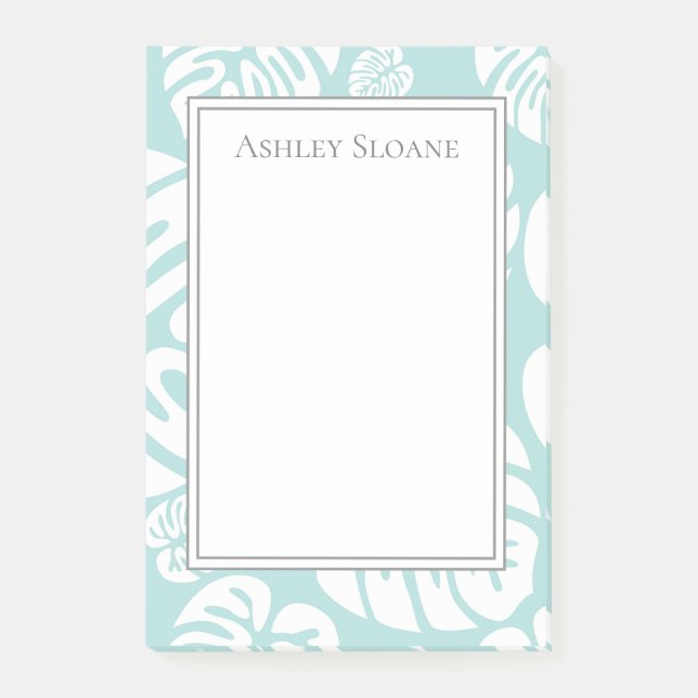 Elegant specialdesign babyblå vit tropisk blad post-it block (Framsida)