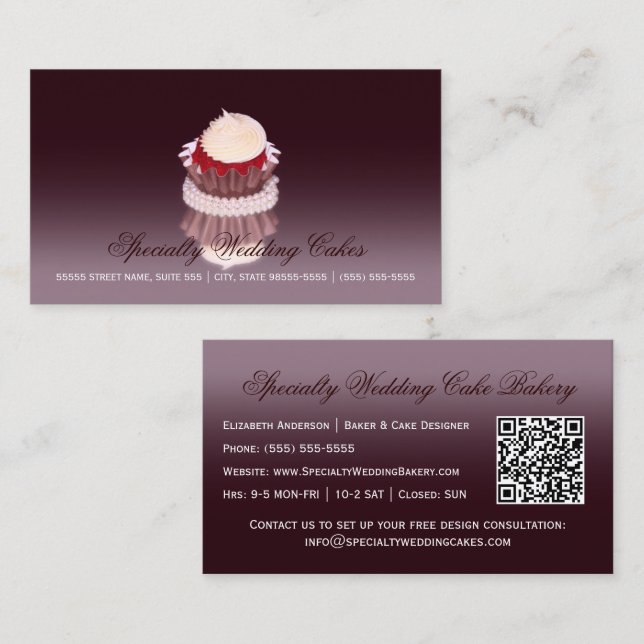 Elegant specialitet bröllopstårta bageri med QR-ko Visitkort (Fram/baksida)