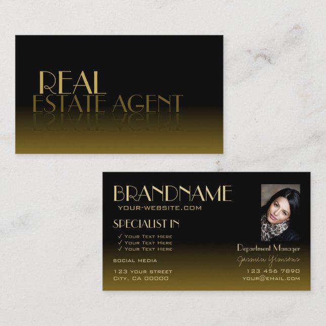 Elegant Spegel Font Snyggt Black Brown med Photo Visitkort (Fram/baksida)