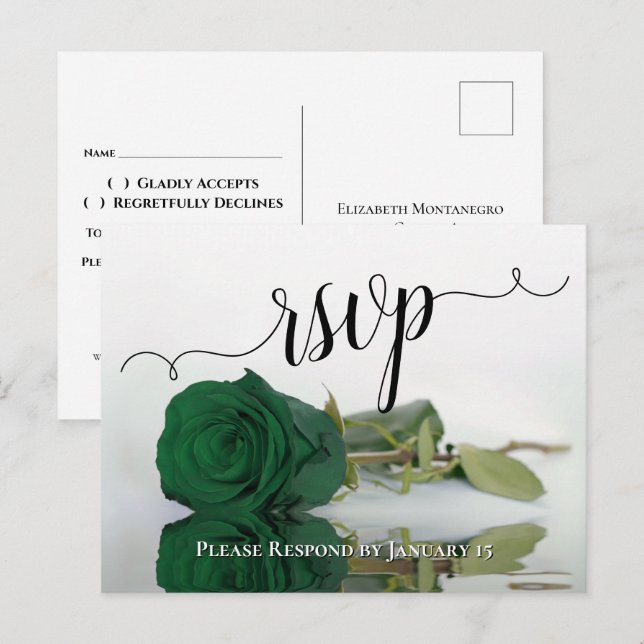 Elegant speglande smaragdgrön ros bröllop RSVP Vykort (Fram/baksida)