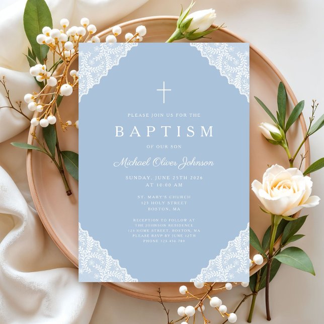 Elegant spets blå dop för babypojke inbjudningar (Elegant Lace Navy Blue Baby Boy Baptism Invitation)