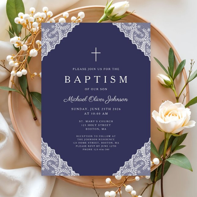 Elegant spets marinblå dop för babypojke inbjudningar (Elegant Lace Navy Blue Baby Boy Baptism Invitation)
