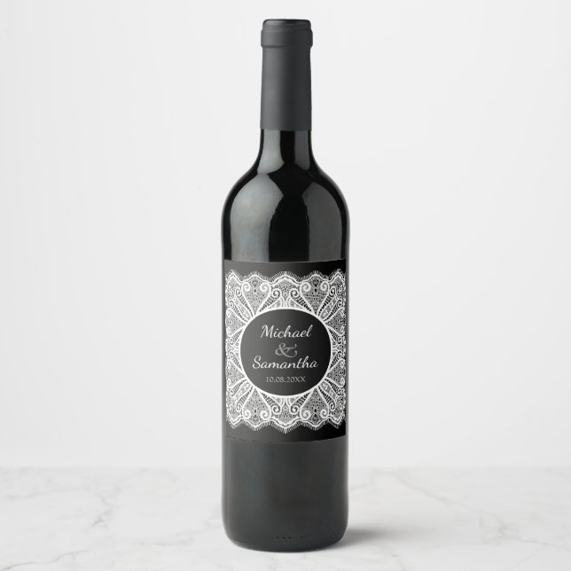 Elegant spets och svart anpassad bröllop vinflaska etikett (Framsida)