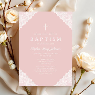 Elegant spets rosa dop för babyflicka inbjudningar