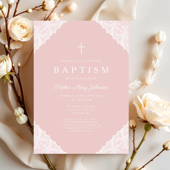 Elegant spets rosa dop för babyflicka inbjudningar (Elegant Lace Pink Baby Girl Baptism Invitation)