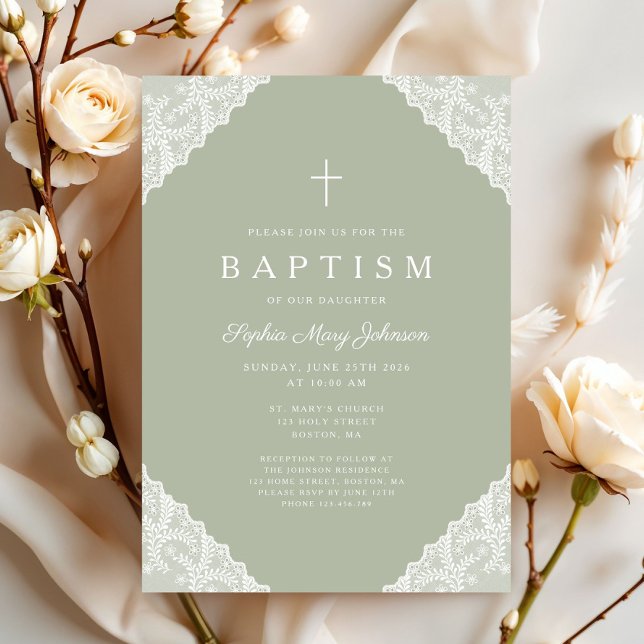 Elegant spets Sagegrön dopceremoni Inbjudningar (Elegant Lace Sage Green Baptism Invitation)
