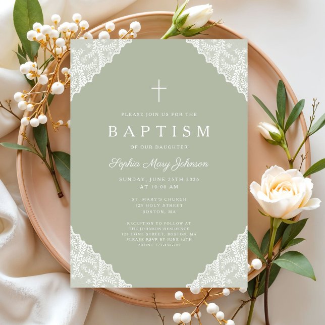 Elegant spets Sagegrön dopceremoni Inbjudningar (Elegant Lace Sage Green Baptism Invitation)
