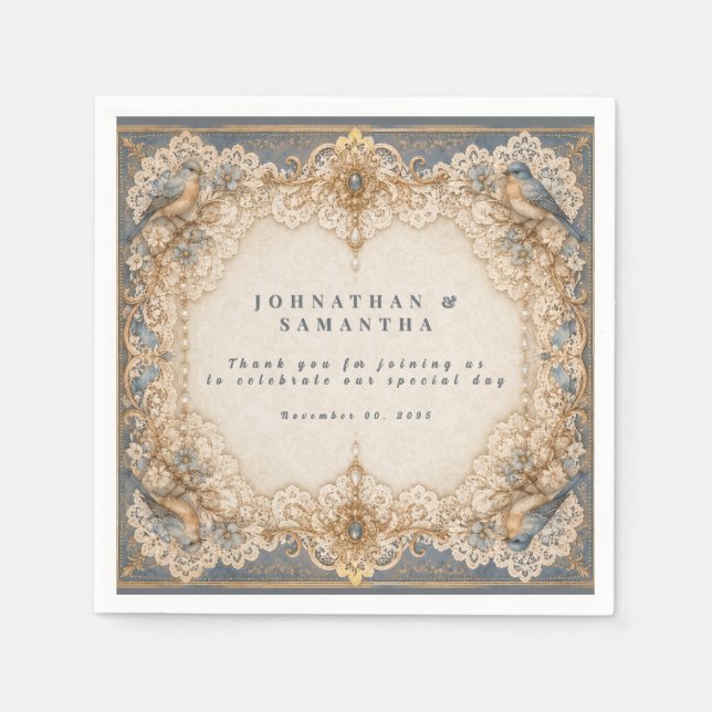 Elegant spetslantbröllop i elfenben och taupe pappersservett (Framsidan)