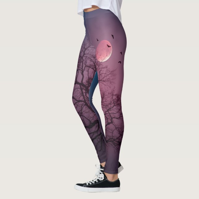Elegant Spooky Halloween Theme Träd Måne Artwork Leggings (Vänster)