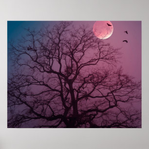 Elegant Spooky Halloween Theme Träd Måne Artwork Poster