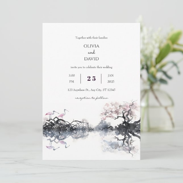 Elegant Spoonbill par Watercolor Beach Wedding Inbjudningar (Stående Fram)