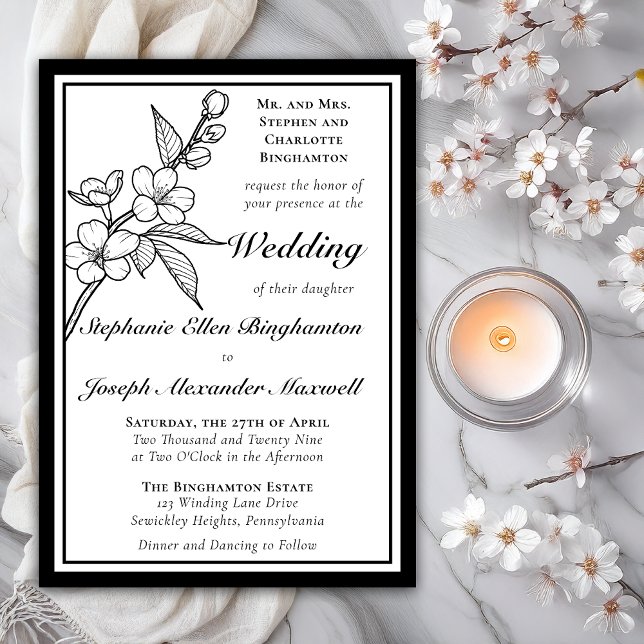 Elegant Spring Blossoms Black White Formal Wedding Inbjudningar (Elegant Line Art Spring Blossoms Floral Formal Wedding Black | White Invitations = Print | DIgital)