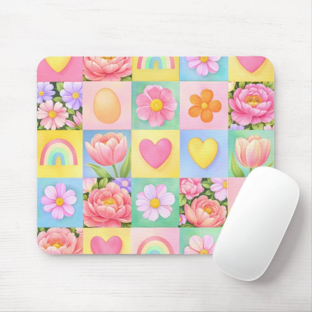Elegant Spring Blossoms Heart Checkerboard Pattern Musmatta (Med mus)