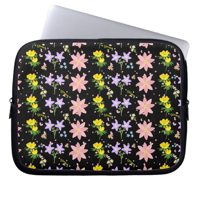Elegant Spring Floral Pattern on Black - Laptop Sl Fodral (Framsidan)