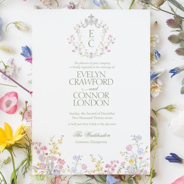 Elegant Spring Summer Wildflowers Crest Wedding Inbjudningar (Elegant Spring Summer Wildflowers Crest Wedding Invitation)