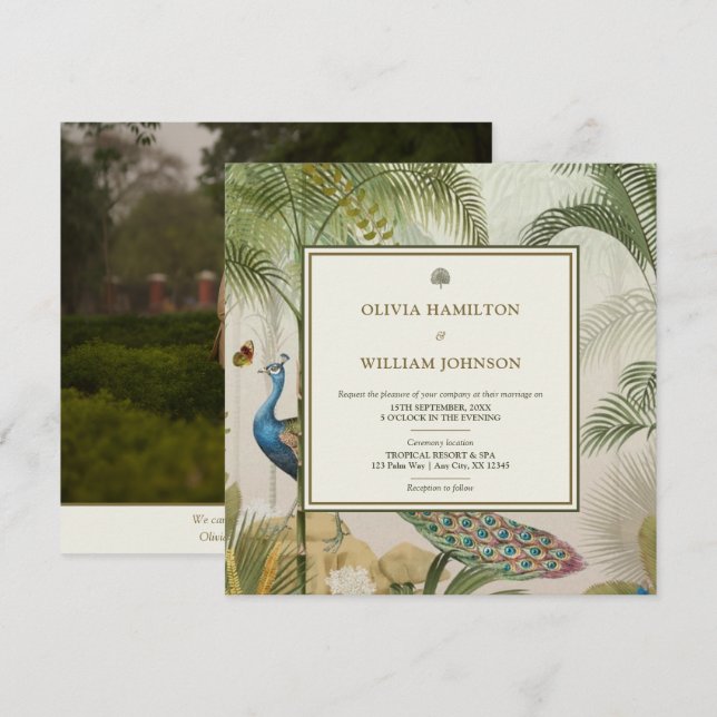 Elegant Square Photo Tropical Peacock Handflatan B Inbjudningar (Fram/baksida)