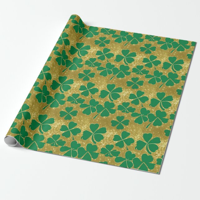 Elegant St. Patricks Day Guld Grön Shamrock Klöver Presentpapper (Utrullad)