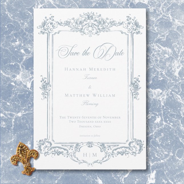 Elegant Städat Blått Chinoiserie Kerub Högtids- Spara Datumet (Elegant Dusty Blue Chinoiserie Cherub Wedding Save The Date)