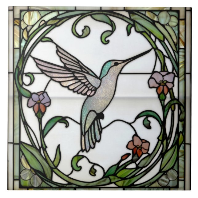 Elegant stain glass art nouveau hummingbird kakelplatta (Framsidan)