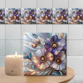 Elegant Stained Glass Floral Design in Soft Pastel Kakelplatta