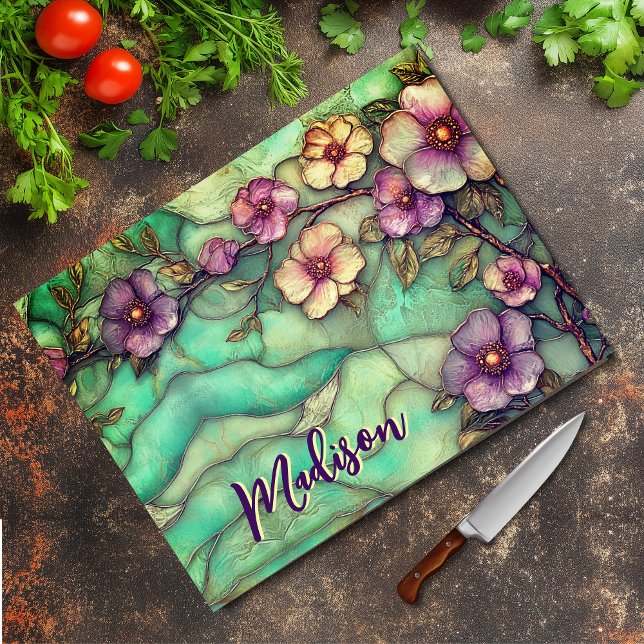 Elegant Stained glass purple flowers turquoise (Skapare uppladdad)