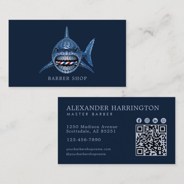 Elegant stålhaj barberare Qr-kod Visitkort (Fram/baksida)