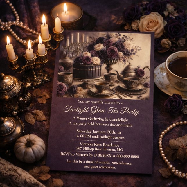 Elegant stämningsfullt vintertepartaj-inbjudan i s inbjudningar (Moody winter tea invite styled on a velvet backdrop with candles for an editorial look )