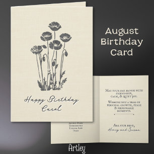 Elegant Stamped Poppy August Birth Flower Linen Kort