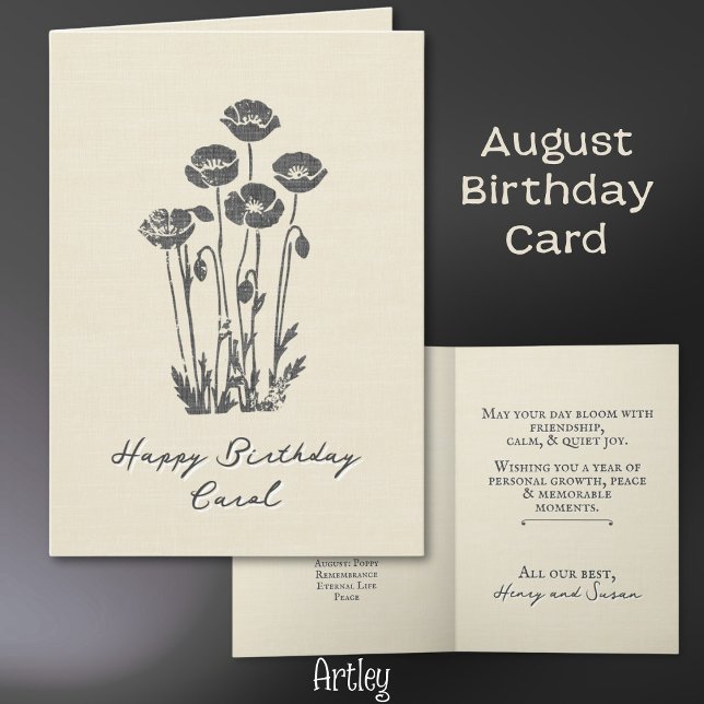 Elegant Stamped Poppy August Birth Flower Linen Kort (Skapare uppladdad)