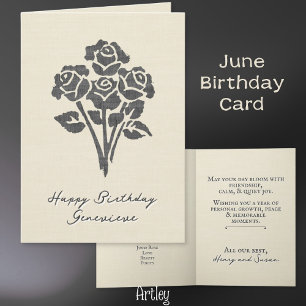 Elegant Stamped Ro June Birth Flower Linen Kort