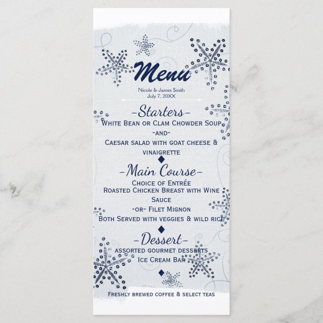Elegant Starfish & Sequins Blue Beach Party Menu Meny (Framsida)