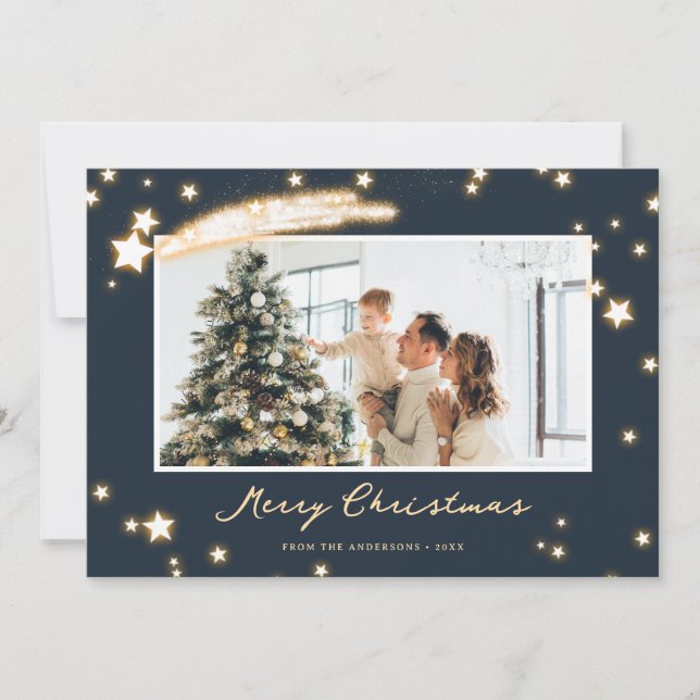 Elegant Starry Blue Photo God jul Card Julkort (Framsida)