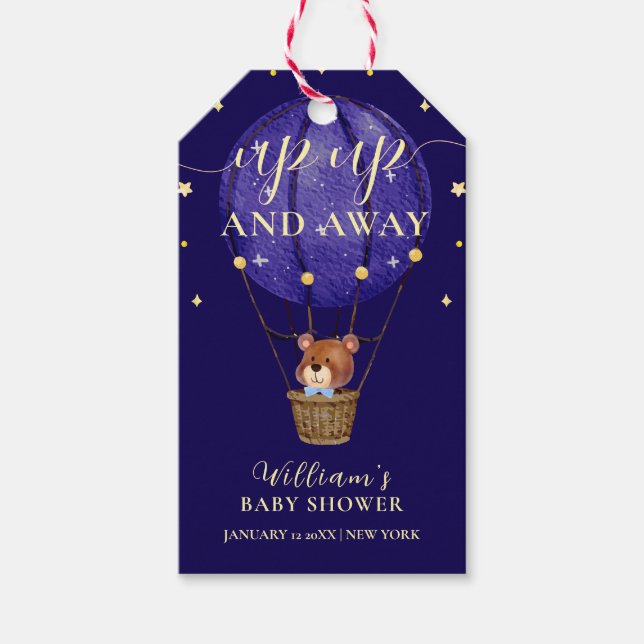 Elegant Stars Bear Luftballong Boy Shower Presentetikett (Framsidan)