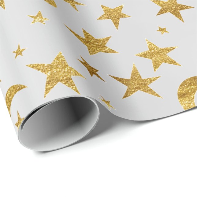 Elegant Stars Måne Silver Grått Guld Metallic Himl Presentpapper (Rullad Hörn)