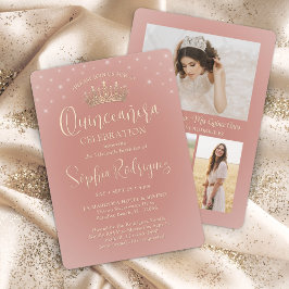 Elegant Stars Ro Guld Quinceañera 3 FotoRosa Inbjudningar